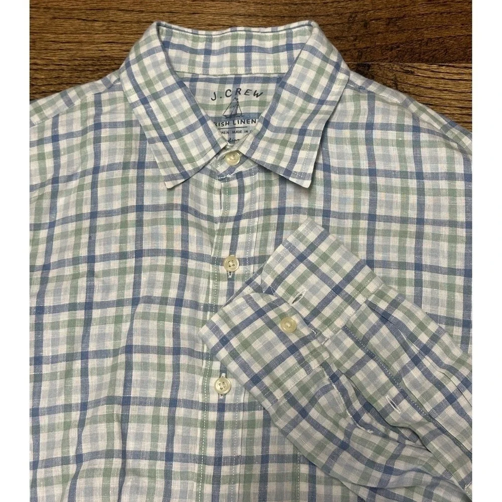J Crew Irish Linen Green/Blue Plaid Button Down Long Sleeve Shirt Men's Sz M